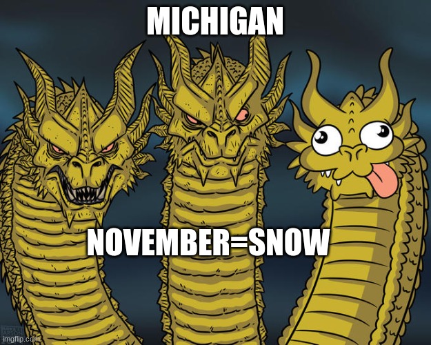 MICHIGAN IN NOVEMBER=SNOW | MICHIGAN; NOVEMBER=SNOW | image tagged in three-headed dragon | made w/ Imgflip meme maker