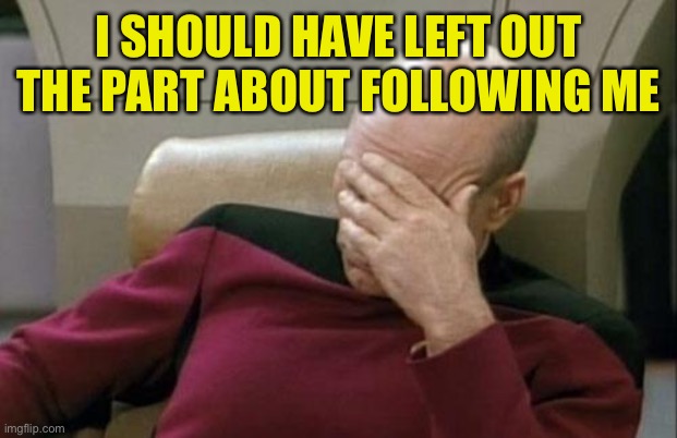 Captain Picard Facepalm Meme | I SHOULD HAVE LEFT OUT THE PART ABOUT FOLLOWING ME | image tagged in memes,captain picard facepalm | made w/ Imgflip meme maker