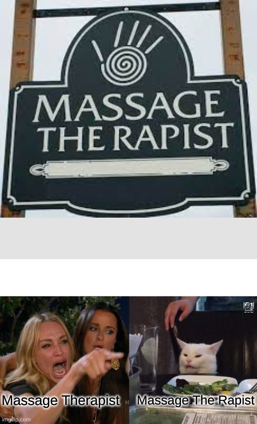 Massage Therapist; Massage The Rapist | image tagged in memes,woman yelling at cat | made w/ Imgflip meme maker