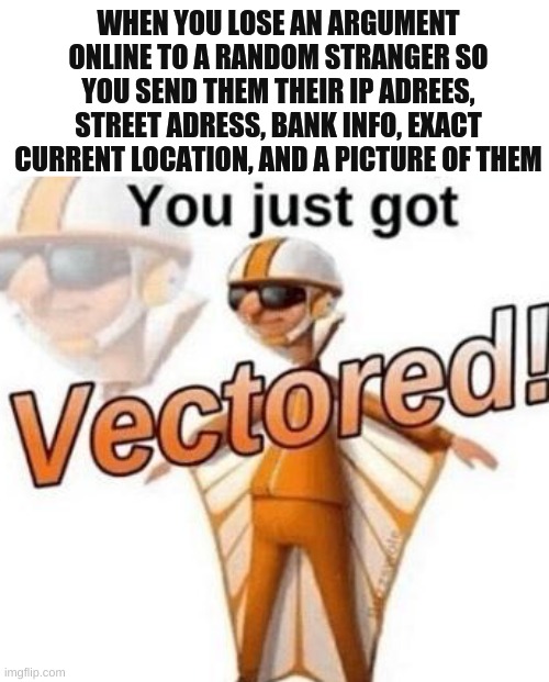 You just got vectored | WHEN YOU LOSE AN ARGUMENT ONLINE TO A RANDOM STRANGER SO YOU SEND THEM THEIR IP ADREES, STREET ADRESS, BANK INFO, EXACT CURRENT LOCATION, AND A PICTURE OF THEM | image tagged in you just got vectored | made w/ Imgflip meme maker