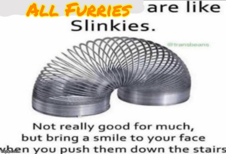 Remember when I said I strongly disliked furries? I meant that I Strongly HATE Furries. Yeah. Fight me. | All Furries | image tagged in some at like slinkies | made w/ Imgflip meme maker