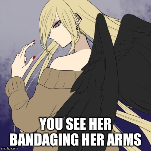 romance allowed, no joke ocs, no killing her, no erp | YOU SEE HER BANDAGING HER ARMS | made w/ Imgflip meme maker