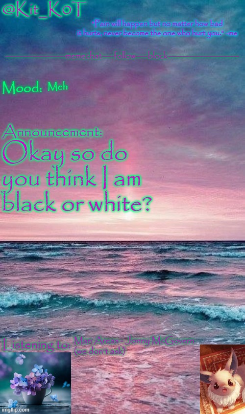 Kit_K0T's announcement template | Meh; Okay so do you think I am black or white? Man Areas - Jonny McGovern 
(we don't ask) | image tagged in kit_k0t's announcement template | made w/ Imgflip meme maker