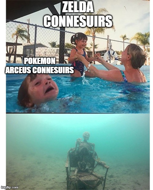 Ok so dont blame me if i spelt connesuirs wrong | ZELDA CONNESUIRS; POKEMON ARCEUS CONNESUIRS | image tagged in boy drowning | made w/ Imgflip meme maker