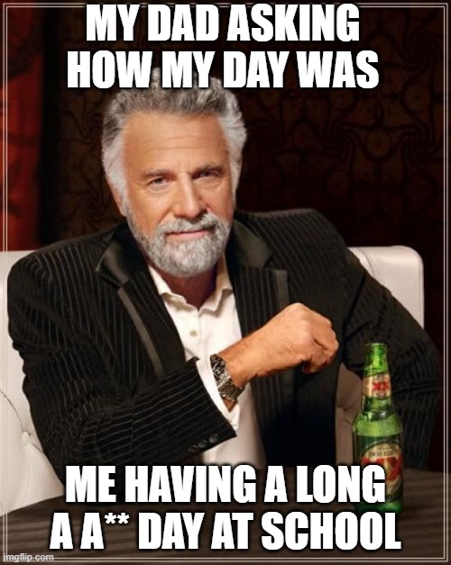 The Most Interesting Man In The World Meme | MY DAD ASKING HOW MY DAY WAS; ME HAVING A LONG A A** DAY AT SCHOOL | image tagged in memes,the most interesting man in the world | made w/ Imgflip meme maker