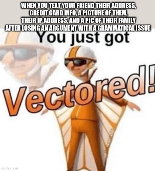 You just got vectored | WHEN YOU TEXT YOUR FRIEND THEIR ADDRESS, CREDIT CARD INFO, A PICTURE OF THEM, THEIR IP ADDRESS, AND A PIC OF THEIR FAMILY AFTER LOSING AN ARGUMENT WITH A GRAMMATICAL ISSUE | image tagged in you just got vectored | made w/ Imgflip meme maker
