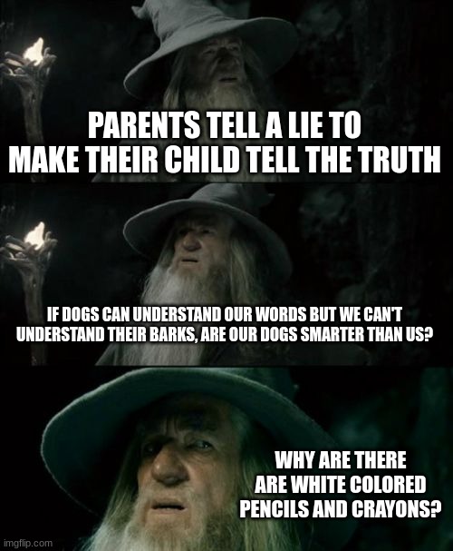 This is very confusing... (Part 4) | PARENTS TELL A LIE TO MAKE THEIR CHILD TELL THE TRUTH; IF DOGS CAN UNDERSTAND OUR WORDS BUT WE CAN'T UNDERSTAND THEIR BARKS, ARE OUR DOGS SMARTER THAN US? WHY ARE THERE ARE WHITE COLORED PENCILS AND CRAYONS? | image tagged in memes,confused gandalf | made w/ Imgflip meme maker
