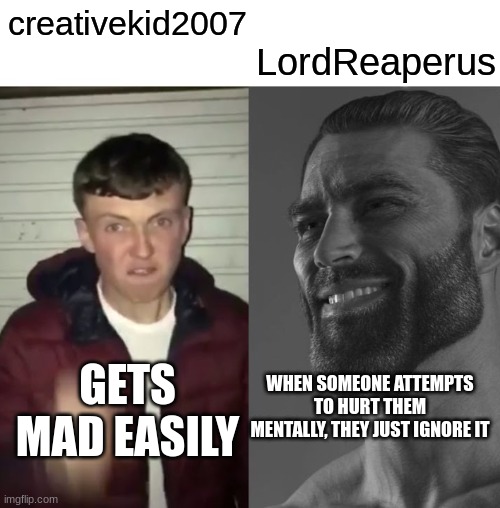 Virgin Vs Chad | LordReaperus; creativekid2007; WHEN SOMEONE ATTEMPTS TO HURT THEM MENTALLY, THEY JUST IGNORE IT; GETS MAD EASILY | image tagged in average fan vs average enjoyer | made w/ Imgflip meme maker