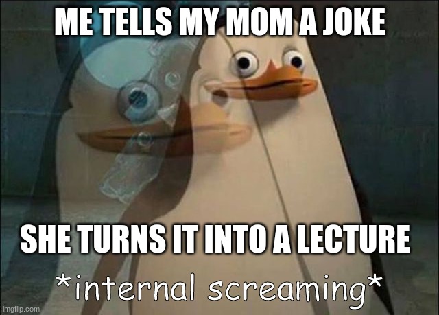 Private Internal Screaming | ME TELLS MY MOM A JOKE; SHE TURNS IT INTO A LECTURE | image tagged in private internal screaming | made w/ Imgflip meme maker