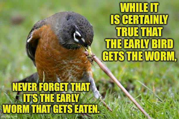Early | WHILE IT IS CERTAINLY TRUE THAT THE EARLY BIRD GETS THE WORM, NEVER FORGET THAT IT’S THE EARLY WORM THAT GETS EATEN. | image tagged in early bird | made w/ Imgflip meme maker