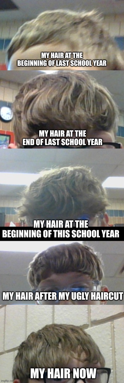 My Hair Throughout The Ages | MY HAIR AT THE BEGINNING OF LAST SCHOOL YEAR; MY HAIR AT THE END OF LAST SCHOOL YEAR; MY HAIR AT THE BEGINNING OF THIS SCHOOL YEAR; MY HAIR AFTER MY UGLY HAIRCUT; MY HAIR NOW | image tagged in hair | made w/ Imgflip meme maker