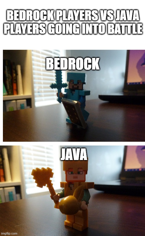 Bedrock vs java | BEDROCK PLAYERS VS JAVA PLAYERS GOING INTO BATTLE; BEDROCK; JAVA | image tagged in memes,blank transparent square | made w/ Imgflip meme maker