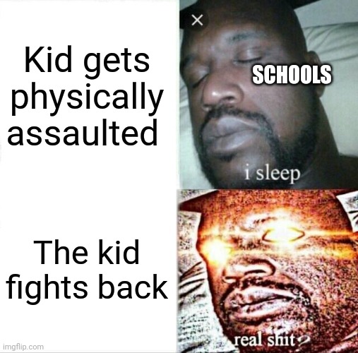 School sucks | Kid gets physically assaulted; SCHOOLS; The kid fights back | image tagged in memes,sleeping shaq | made w/ Imgflip meme maker