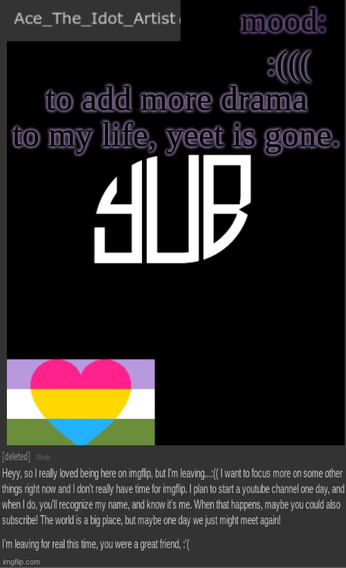 might have to take a break for a bit, and not just because yeet is gone. | :(((; to add more drama to my life, yeet is gone. | image tagged in template lmao | made w/ Imgflip meme maker