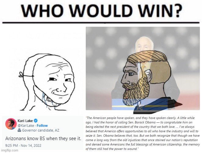 Kari Lake vs. The Ghost of John McCain: Who Would Win? | image tagged in memes,who would win,masked soy boy versus chad,republicans,john mccain,kari lake | made w/ Imgflip meme maker
