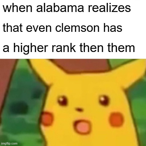 how does clemson have a higher rank..? | when alabama realizes; that even clemson has; a higher rank then them | image tagged in memes,surprised pikachu | made w/ Imgflip meme maker