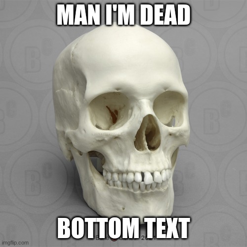 Man I'm dead low effort meme | MAN I'M DEAD; BOTTOM TEXT | image tagged in skull,dead | made w/ Imgflip meme maker