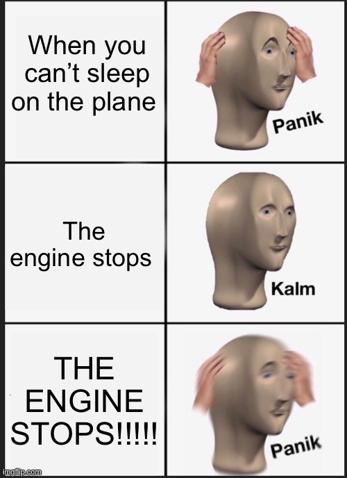 Tittle | When you can’t sleep on the plane; The engine stops; THE ENGINE STOPS!!!!! | image tagged in memes,panik kalm panik | made w/ Imgflip meme maker