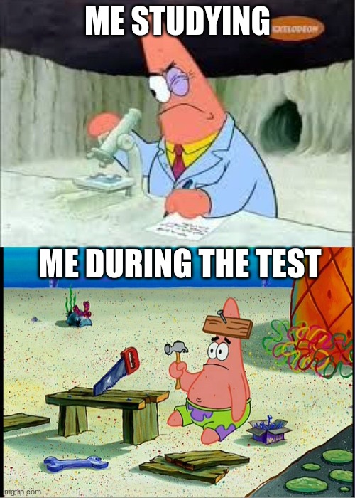 I hope I'm not gonna be like this (I have a test today) | ME STUDYING; ME DURING THE TEST | image tagged in patrick smart dumb | made w/ Imgflip meme maker
