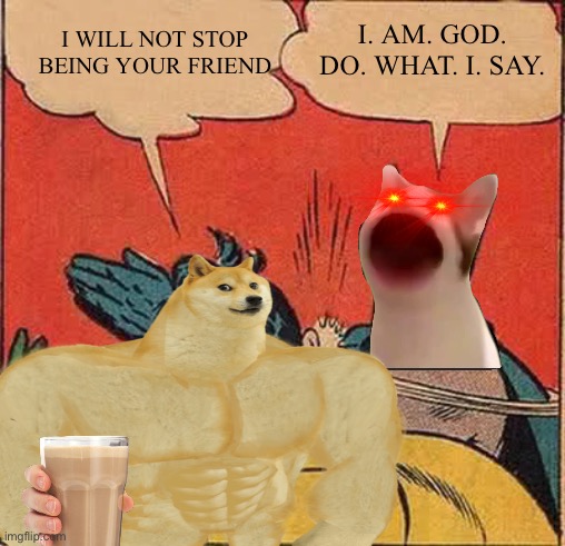 Cat vs dog (I’m a dog owner) | I WILL NOT STOP BEING YOUR FRIEND; I. AM. GOD. DO. WHAT. I. SAY. | image tagged in pop cat,buff doge | made w/ Imgflip meme maker
