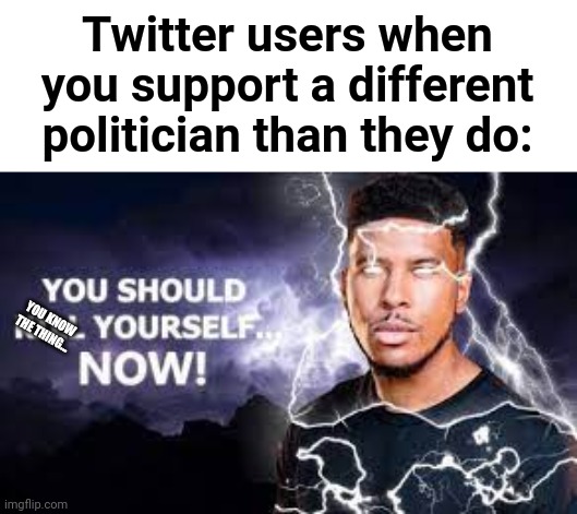 Lol | Twitter users when you support a different politician than they do:; YOU KNOW THE THING... | image tagged in you should kill yourself now,twitter,politicians,opinions | made w/ Imgflip meme maker