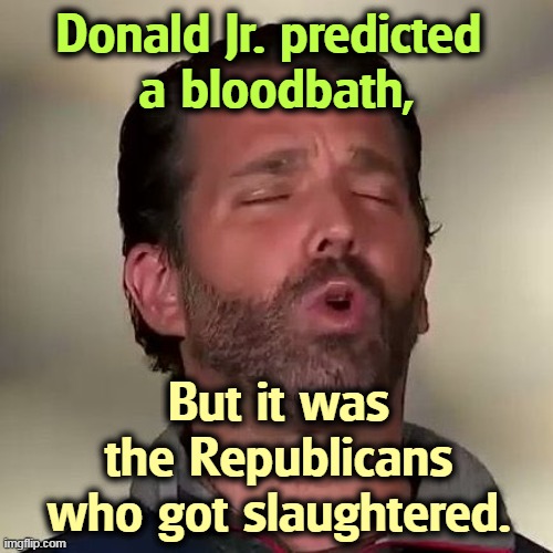Sorry about that, chief. Missed it by THAT much. | Donald Jr. predicted 
a bloodbath, But it was the Republicans who got slaughtered. | image tagged in donald trump jr don jr cocaine,republican,blood,bath | made w/ Imgflip meme maker