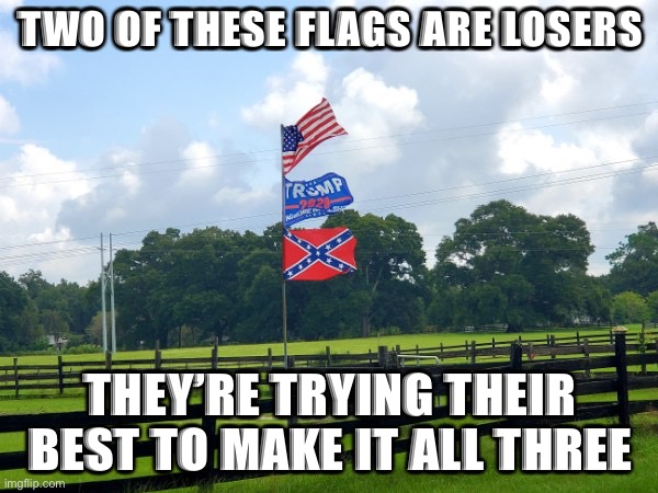 Y’all can keep Trump and the Confederacy. You can’t have America. | TWO OF THESE FLAGS ARE LOSERS; THEY’RE TRYING THEIR BEST TO MAKE IT ALL THREE | image tagged in confederate trump,trump supporters,maga,confederate flag,bigots,america | made w/ Imgflip meme maker