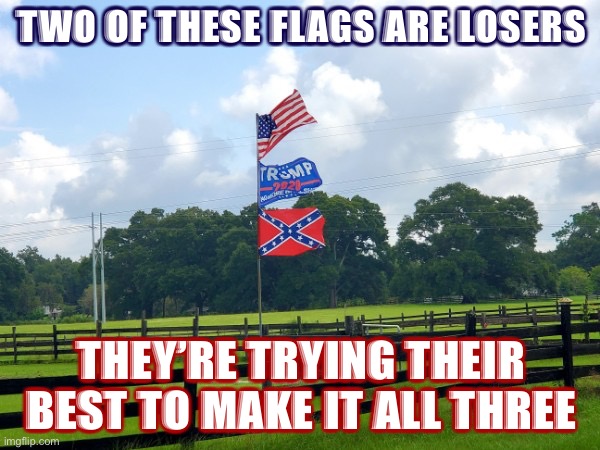 MAGA cultists and Confederate flag-wavers also see America as a lost cause. | TWO OF THESE FLAGS ARE LOSERS; THEY’RE TRYING THEIR BEST TO MAKE IT ALL THREE | image tagged in confederate trump | made w/ Imgflip meme maker