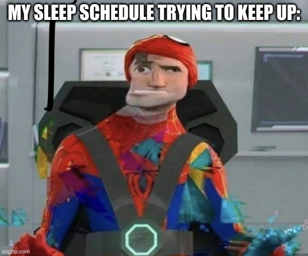 Spiderman Spider Verse Glitchy Peter | MY SLEEP SCHEDULE TRYING TO KEEP UP: | image tagged in spiderman spider verse glitchy peter | made w/ Imgflip meme maker