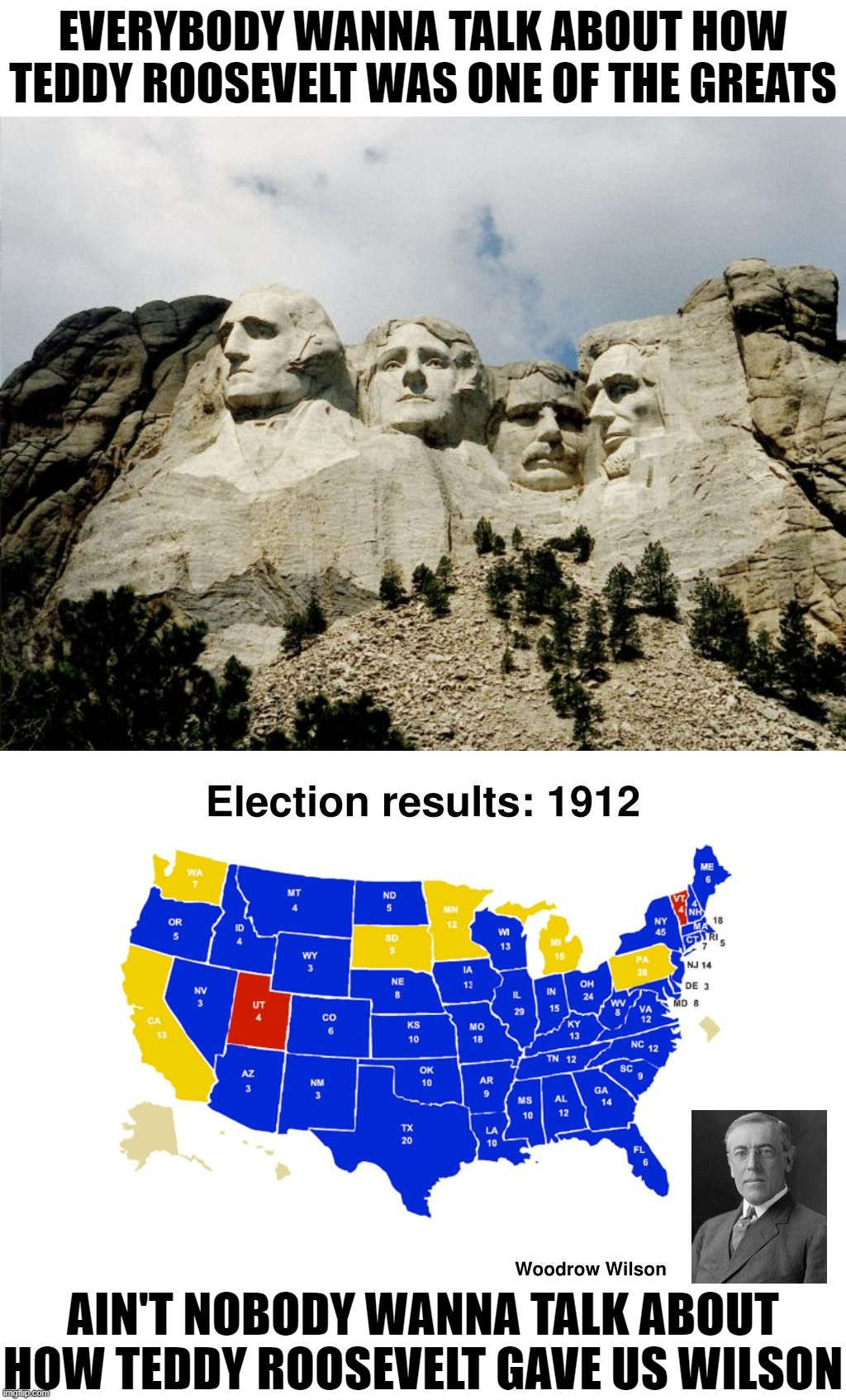 T.R. ran third-party against his own handpicked successor, William Howard Taft, fatally splitting the Republican vote. Sad! | EVERYBODY WANNA TALK ABOUT HOW TEDDY ROOSEVELT WAS ONE OF THE GREATS; AIN'T NOBODY WANNA TALK ABOUT HOW TEDDY ROOSEVELT GAVE US WILSON | image tagged in mount rushmore,election of 1912,taft,teddy roosevelt,woodrow wilson,history | made w/ Imgflip meme maker