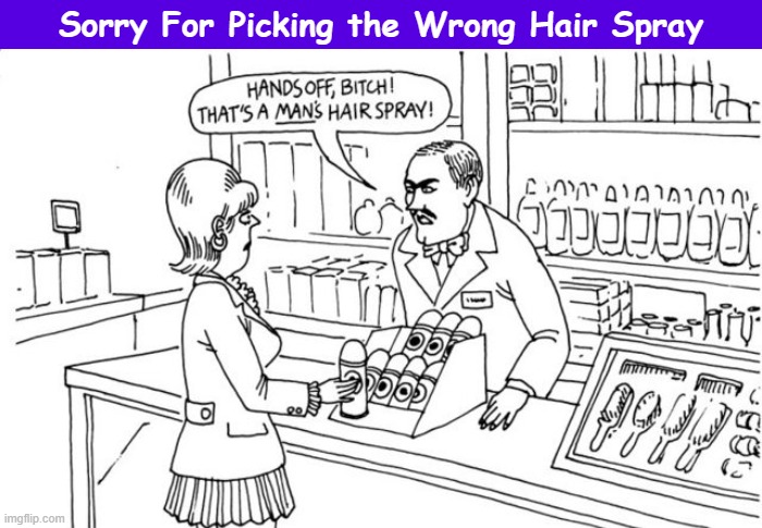 Sorry For Picking the Wrong Hair Spray | Sorry For Picking the Wrong Hair Spray | image tagged in hair spray,hairspray,kliban,store clerk,funny,memes | made w/ Imgflip meme maker