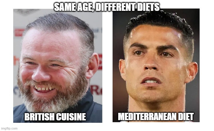 aging well | SAME AGE, DIFFERENT DIETS; MEDITERRANEAN DIET; BRITISH CUISINE | image tagged in football | made w/ Imgflip meme maker