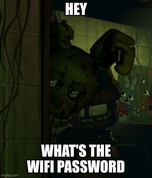 isuhmfeqviuehmfi | HEY; WHAT'S THE WIFI PASSWORD | image tagged in springtrap in door | made w/ Imgflip meme maker