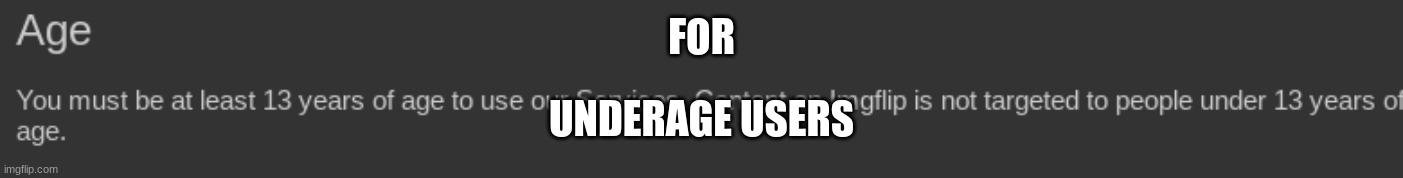 Age TOS | FOR; UNDERAGE USERS | image tagged in age tos | made w/ Imgflip meme maker