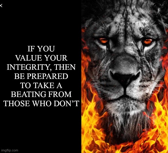 Integrity |  IF YOU VALUE YOUR INTEGRITY, THEN BE PREPARED TO TAKE A BEATING FROM THOSE WHO DON’T | image tagged in integrity,inspirational,lion,righteous | made w/ Imgflip meme maker