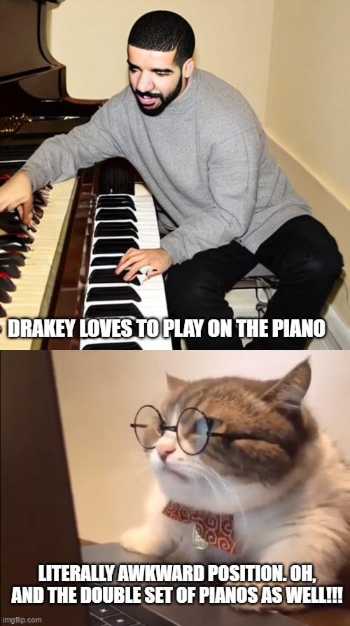 DRAKEY LOVES TO PLAY ON THE PIANO; LITERALLY AWKWARD POSITION. OH, AND THE DOUBLE SET OF PIANOS AS WELL!!! | image tagged in research cat,drake,drake meme,piano,memes,funny | made w/ Imgflip meme maker