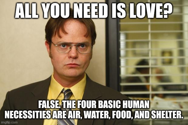 Dwight quote 1 | ALL YOU NEED IS LOVE? FALSE. THE FOUR BASIC HUMAN NECESSITIES ARE AIR, WATER, FOOD, AND SHELTER. | image tagged in dwight false | made w/ Imgflip meme maker