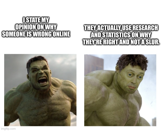 I have respect for these people | I STATE MY OPINION ON WHY SOMEONE IS WRONG ONLINE; THEY ACTUALLY USE RESEARCH AND STATISTICS ON WHY THEY'RE RIGHT AND NOT A SLUR. | image tagged in hulk angry then realizes he's wrong | made w/ Imgflip meme maker