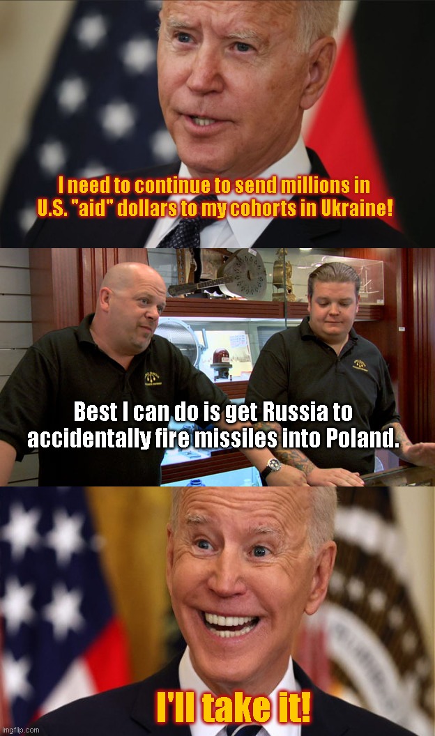 Russian missiles crossing into NATO-member Poland is the stuff of Biden's and Zelensky's wet hawkish dreams | I need to continue to send millions in U.S. "aid" dollars to my cohorts in Ukraine! Best I can do is get Russia to accidentally fire missiles into Poland. I'll take it! | image tagged in pawn stars best i can do,joe biden,ukraine collusion,volodymyr zelensky,government corruption,war hawks | made w/ Imgflip meme maker