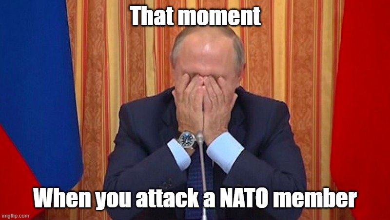 Putin has struck Poland with missiles. He should realize that this only means the collapse of his Russia | That moment; When you attack a NATO member | image tagged in putin facepalm,idiot,war,nato | made w/ Imgflip meme maker