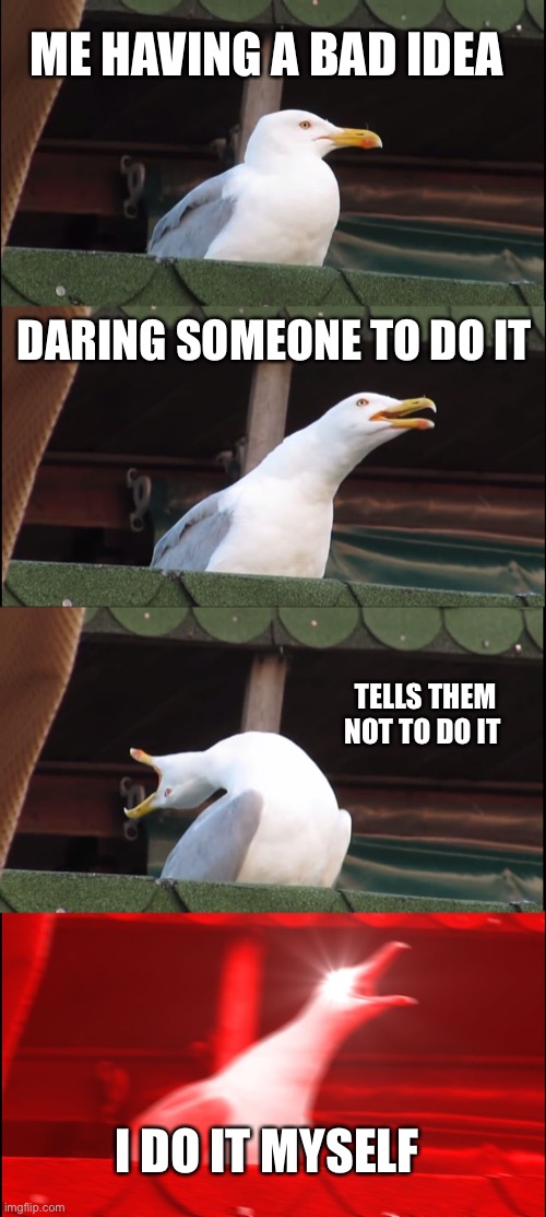 Inhaling Seagull |  ME HAVING A BAD IDEA; DARING SOMEONE TO DO IT; TELLS THEM NOT TO DO IT; I DO IT MYSELF | image tagged in memes,inhaling seagull,good idea/bad idea | made w/ Imgflip meme maker