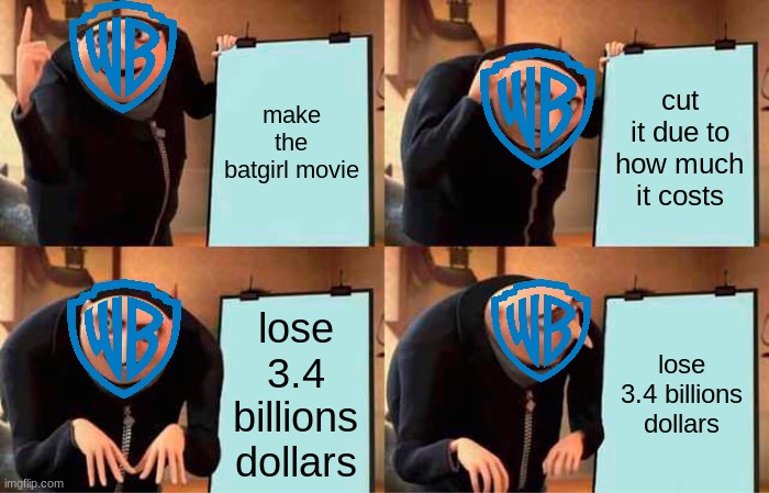 I don't think this was well thought out | make the batgirl movie; cut it due to how much it costs; lose 3.4 billions dollars; lose 3.4 billions dollars | image tagged in memes,gru's plan | made w/ Imgflip meme maker