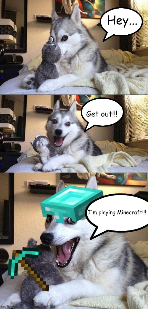 Minecraft dog | Hey... Get out!!! I'm playing Minecraft!!! | image tagged in memes,bad pun dog,minecraft | made w/ Imgflip meme maker