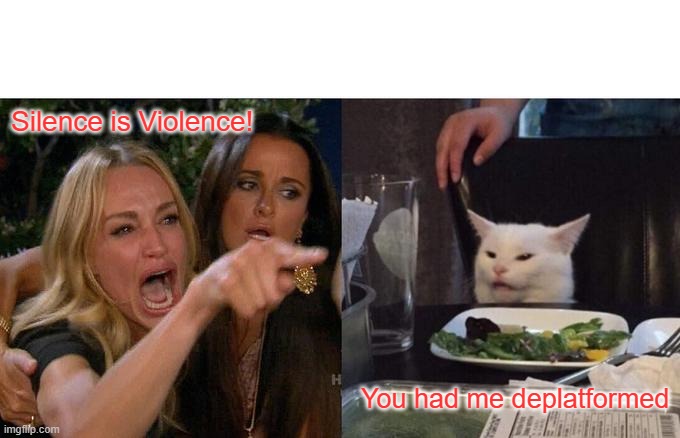 Silence is violence | Silence is Violence! You had me deplatformed | image tagged in memes,woman yelling at cat | made w/ Imgflip meme maker