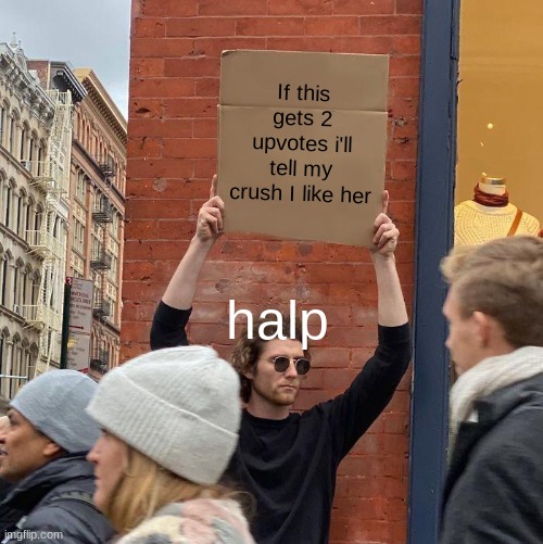 Not upvote begging | If this gets 2 upvotes i'll tell my crush I like her; halp | image tagged in memes,guy holding cardboard sign | made w/ Imgflip meme maker