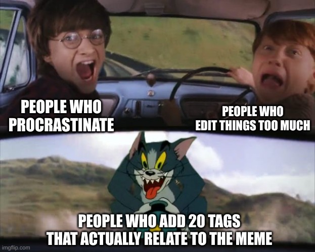 the time they have is immeasurable | PEOPLE WHO EDIT THINGS TOO MUCH; PEOPLE WHO PROCRASTINATE; PEOPLE WHO ADD 20 TAGS THAT ACTUALLY RELATE TO THE MEME | image tagged in tom chasing harry and ron weasly | made w/ Imgflip meme maker