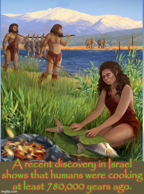 Cooked food helped brain development. | A recent discovery in Israel shows that humans were cooking
at least 780,000 years ago. | image tagged in ancient,history,nutrition,eating healthy | made w/ Imgflip meme maker