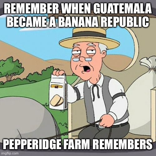 Pepperidge Farm Remembers Meme | REMEMBER WHEN GUATEMALA BECAME A BANANA REPUBLIC PEPPERIDGE FARM REMEMBERS | image tagged in memes,pepperidge farm remembers | made w/ Imgflip meme maker