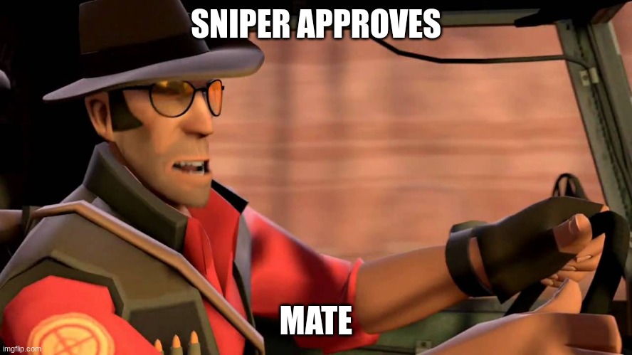 TF2 Sniper driving | SNIPER APPROVES MATE | image tagged in tf2 sniper driving | made w/ Imgflip meme maker