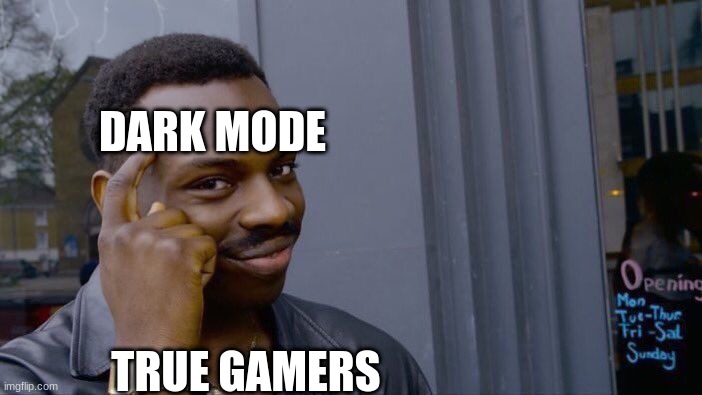 dark mode recomened | DARK MODE; TRUE GAMERS | image tagged in memes,roll safe think about it | made w/ Imgflip meme maker